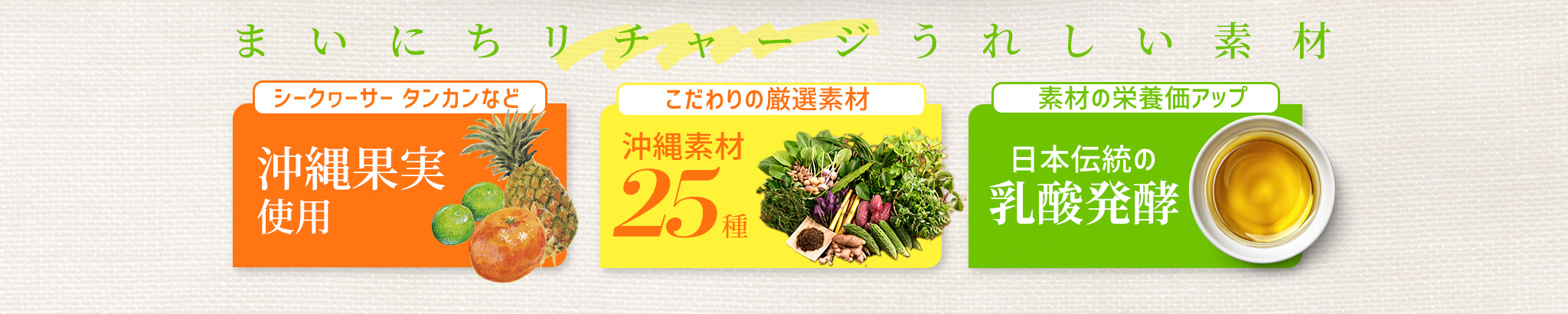 まいにちリチャージうれしい素材 シークヮーサー・タンカンなど沖縄果実使用 こだわりの厳選素材沖縄素材25種 素材の栄養価アップ 日本伝統の乳酸発酵