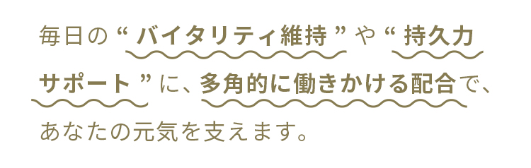 毎日の“バイタリティ維持”や“持久力サポート”に、多角的に働きかける配合で、あなたの元気を支えます。