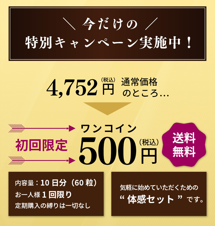 今だけの特別キャンペーン実施中！4,752円（税込）通常価格のところ...初回限定ワンコイン500円送料無料。内容量：10日分（60粒）お一人様1回限り・定期購入の縛りは一切なし.
							気軽に始めていただくための“体感セット”です。