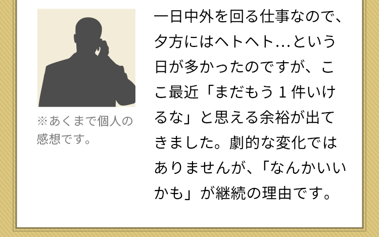一日中外を回る仕事なので、夕方にはヘトヘト…という日が多かったのですが、ここ最近「まだもう1件いけるな」と思える余裕が出てきました。劇的な変化ではありませんが、「なんかいいかも」が継続の理由です。※あくまで個人の感想です。