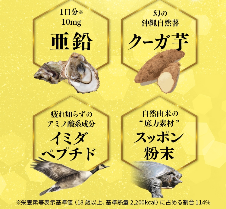 クーガのチカラ「NEVA GIVA（ネバギバ）」1日分※10mg亜鉛、幻の沖縄自然薯クーガ芋、疲れ知らずのアミノ酸系成分イミダペプチド、自然本来の底力素材スッポン粉末。※栄養素等表示基準値（18歳以上、基準熱量2,200kcal）に占める割合114%